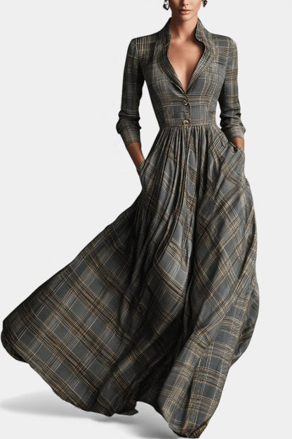 Philae | Robe Longue Évasée à Motif Tartan