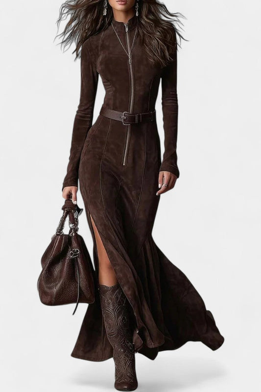 Perrine | Robe Longue Vintage Marron à Fermeture Éclair