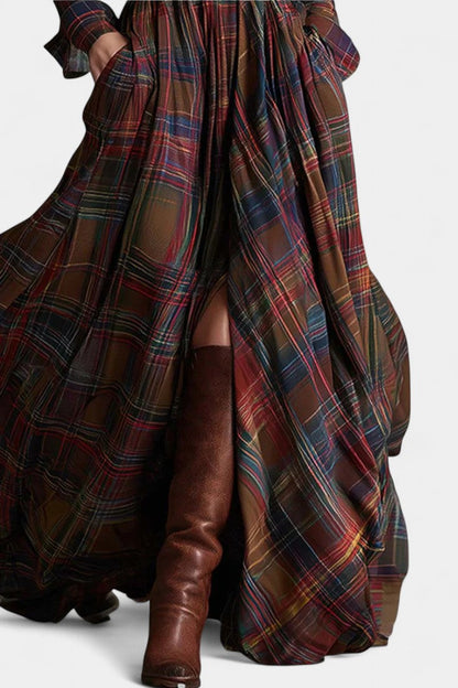 Eustelle | Robe Longue à Carreaux Brun Rougeâtre à Col