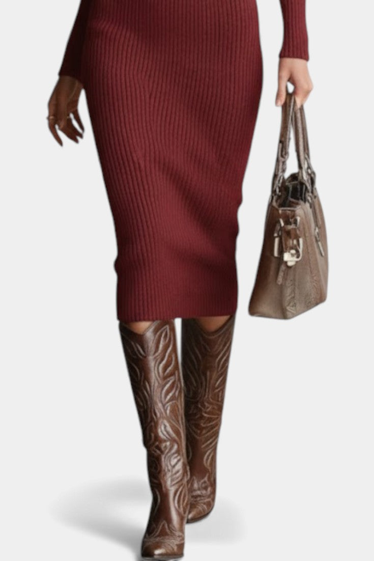 Susana | Robe Mi-Longue en Maille à Col Demi-Roulé et Décolleté en V