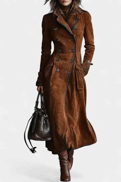 Sandra | Manteau Long en Suédine à Double Boutonnage et Liserés Noirs