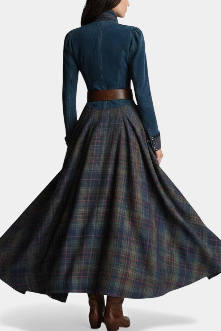 Liza | Robe Longue à Carreaux en Suédine Style Ethnique Rétro