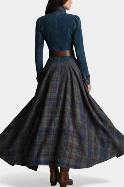 Liza | Robe Longue à Carreaux en Suédine Style Ethnique Rétro