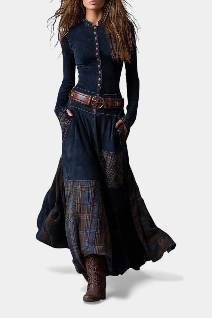 Marlis | Robe Longue Élégante à Carreaux Vintage