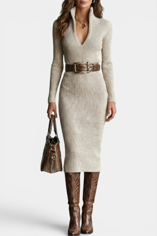Susana | Robe Mi-Longue en Maille à Col Demi-Roulé et Décolleté en V