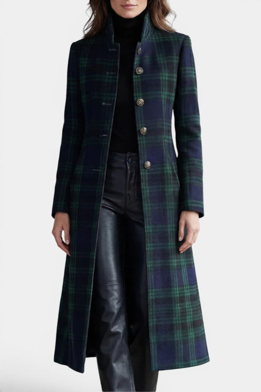 Caterina | Manteau Mi-Long Rétro à Carreaux Bleu-Vert