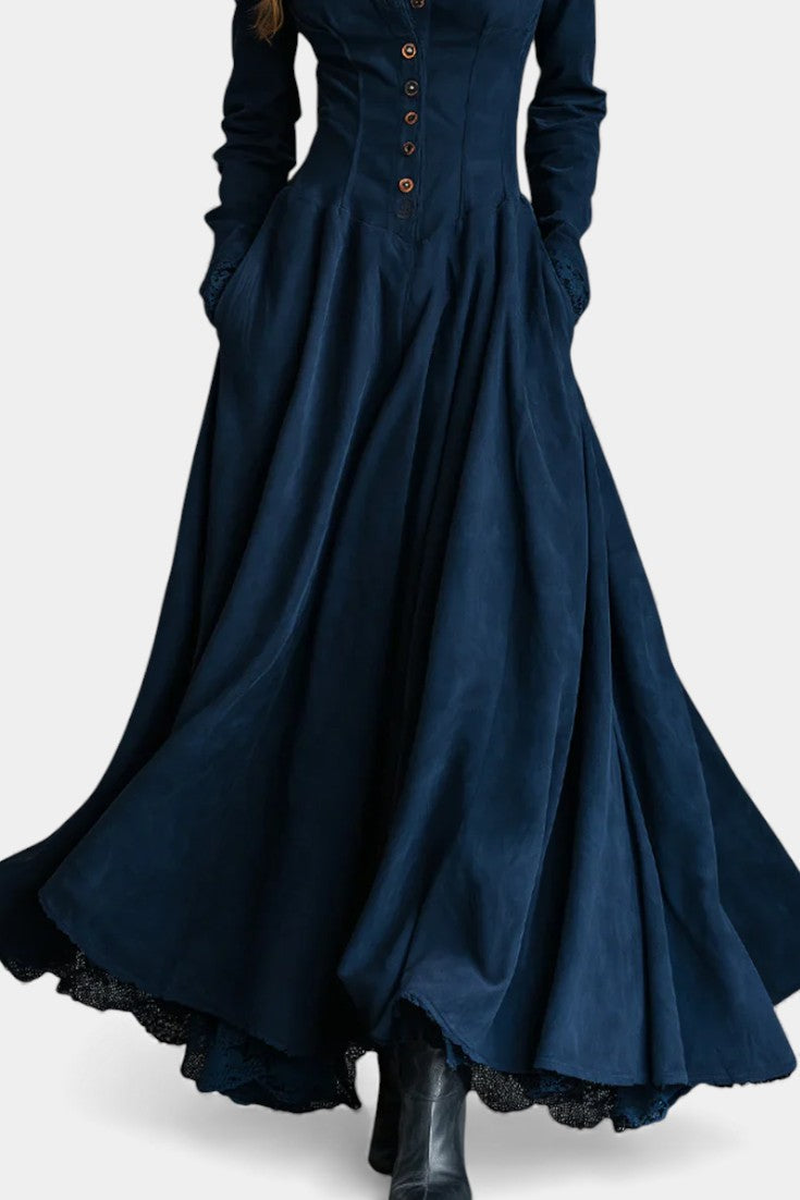 Maravilla | Robe Longue en Suédine à Col Chemise et Dentelle