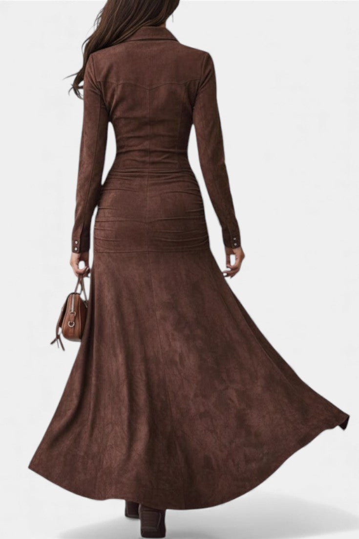 Tilda | Robe Longue Effet Daim à Col Chemise et Volants Asymétriques