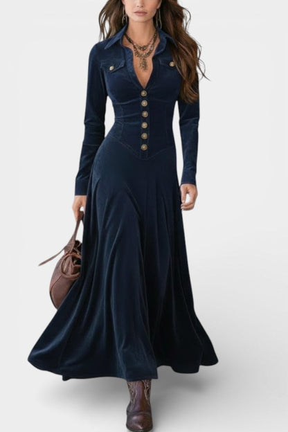 Romy | Robe Longue en Suédine à Boutons et Décolleté Plongeant