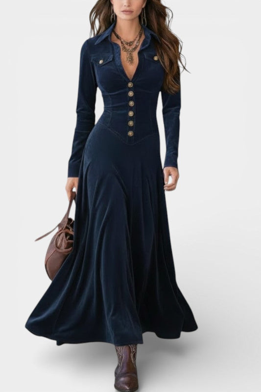 Romy | Robe Longue en Suédine à Boutons et Décolleté Plongeant