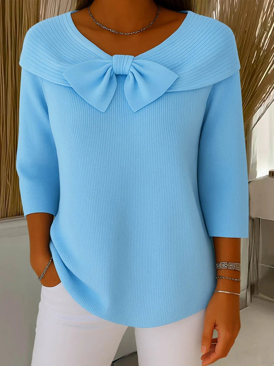 Flavia | Pull Bleu à Nœud et Col Rond