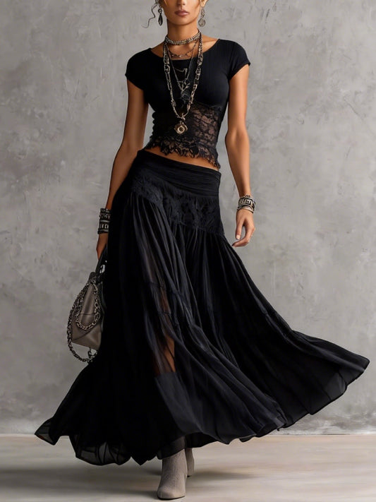Geneva · Ensemble Top Transparent à Empiècements en Dentelle Noire et Jupe Maxi Plissée