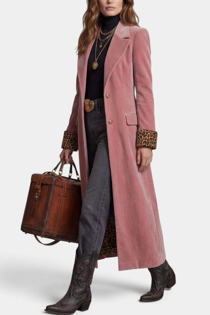 Théophanie | Manteau Long Effet Velours à Col Tailleur et Détails Léopard