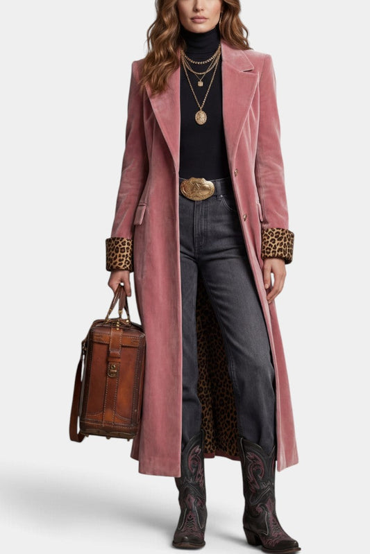 Théophanie | Manteau Long Effet Velours à Col Tailleur et Détails Léopard
