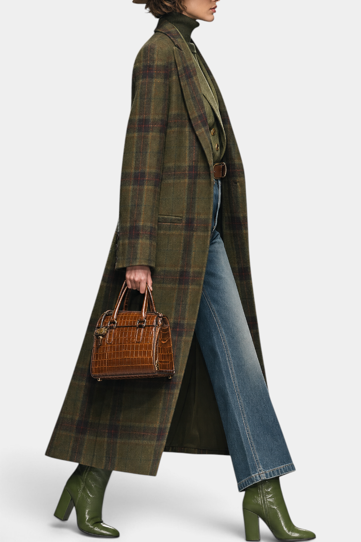 Rosamund | Manteau Long à Carreaux et Col Tailleur