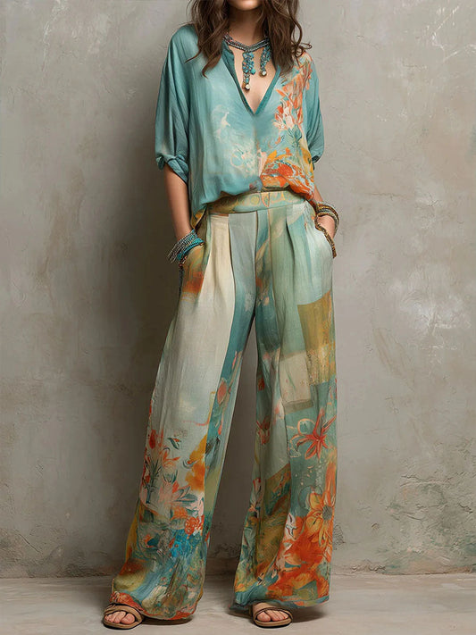Chiara | Ensemble élégant à imprimé floral et pantalon palazzo