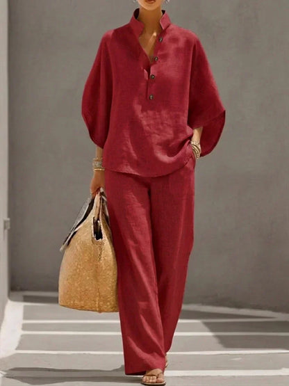 Sophie | Ensemble en lin à manches chauve-souris et pantalon large