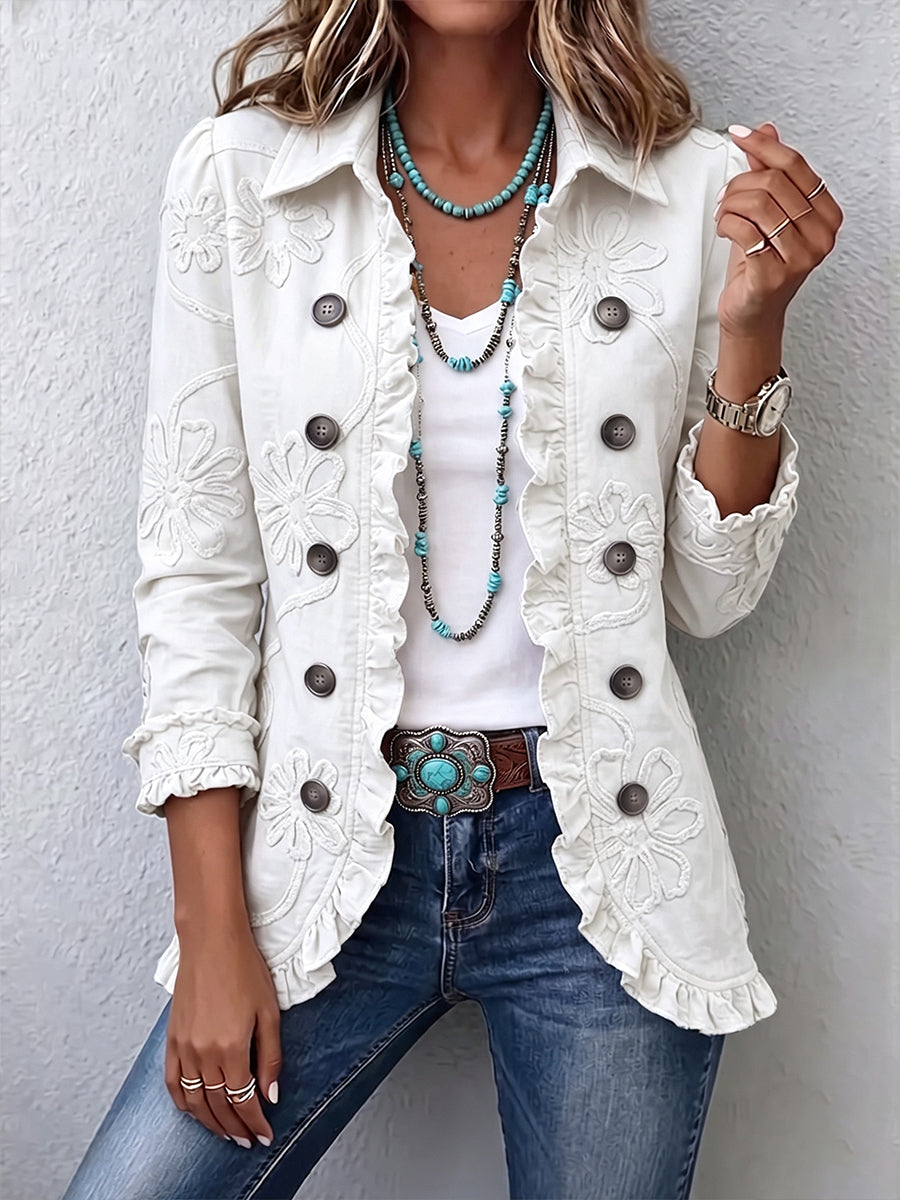 Camilla | Veste Bohème Chic Broderie Florale Ivoire à Finitions Froncées