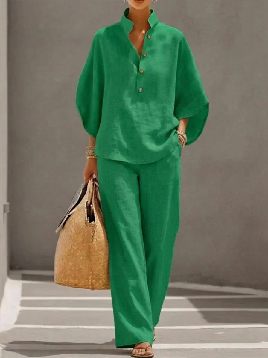 Sophie | Ensemble en lin à manches chauve-souris et pantalon large